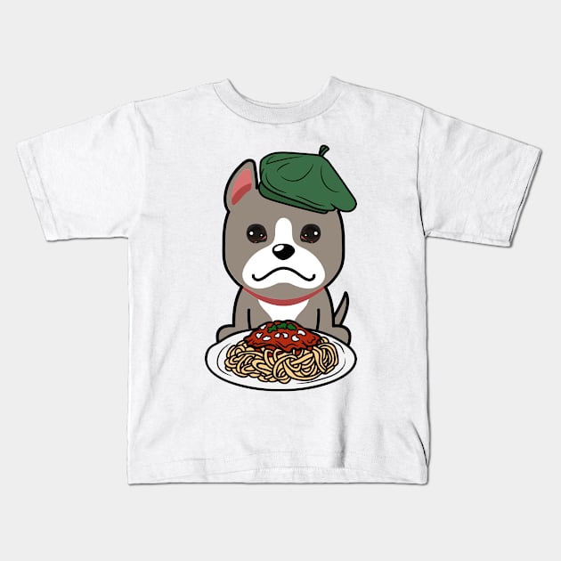 Cute grey dog eating spaghetti Kids T-Shirt by Pet Station